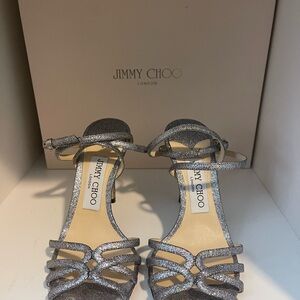 Jimmy Choo Silver Glitter Heels with Strappy Design